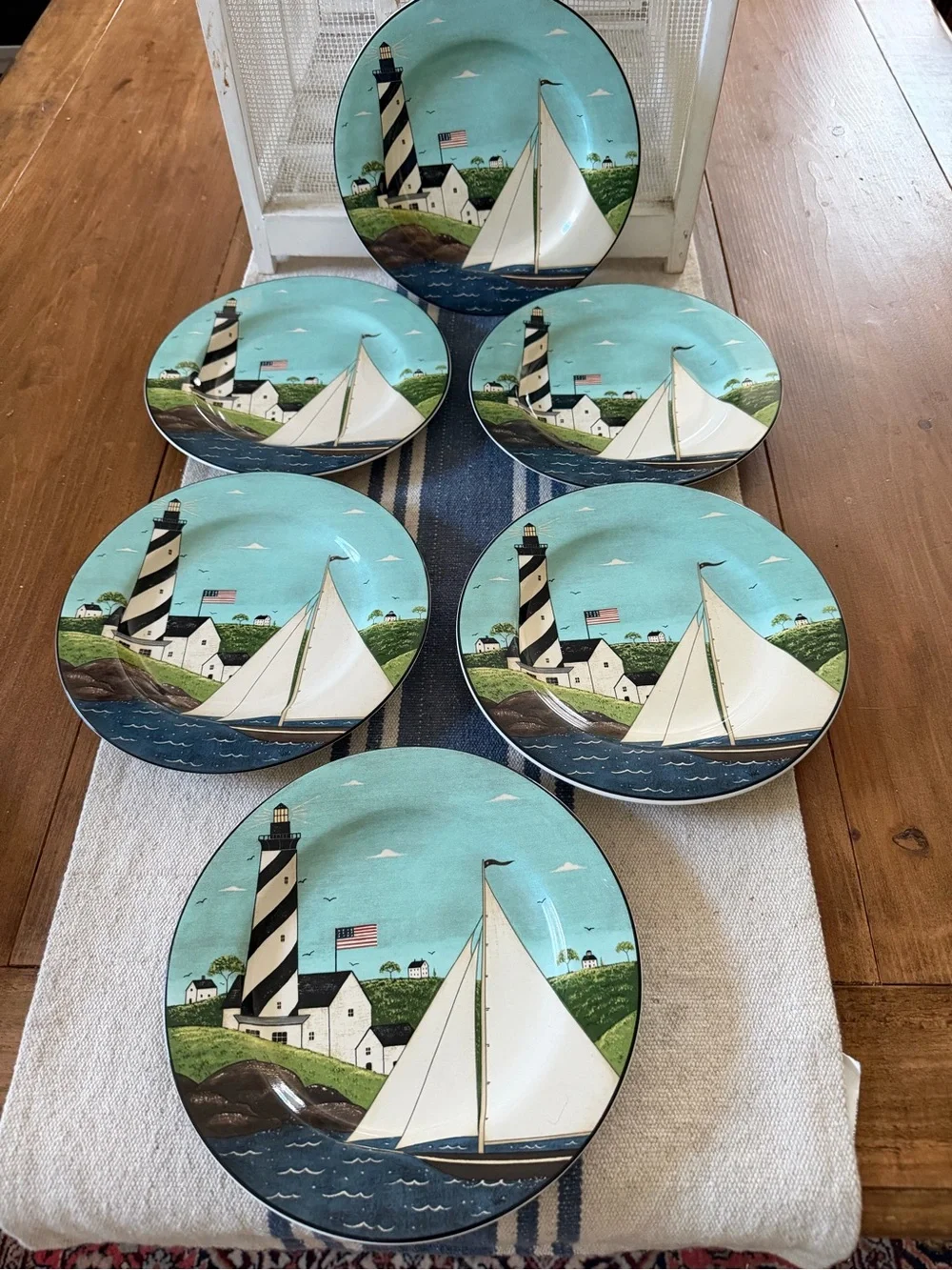 6 Warren Kimble Sakura Coastal Breeze Lighthouse Sailboats Salad Dessert Plates